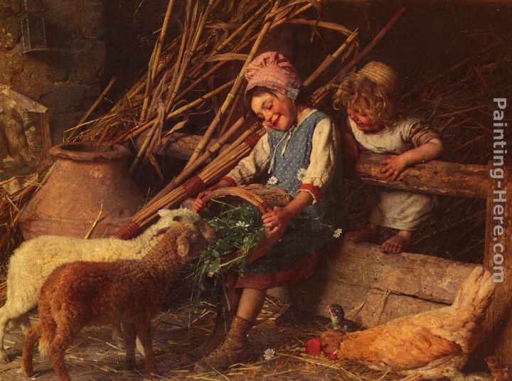 Feeding the Lambs painting - Gaetano Chierici Feeding the Lambs art painting